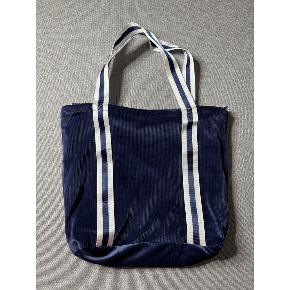 Women's Blue Solid Tote Bag White/Blue Striped Canvas Double Handles - Picture 8 of 9